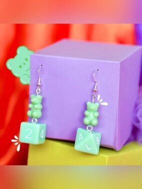 Mint Green Gummy Bear Dice Drop Earrings DND outfit Dungeons & dragons kidcore